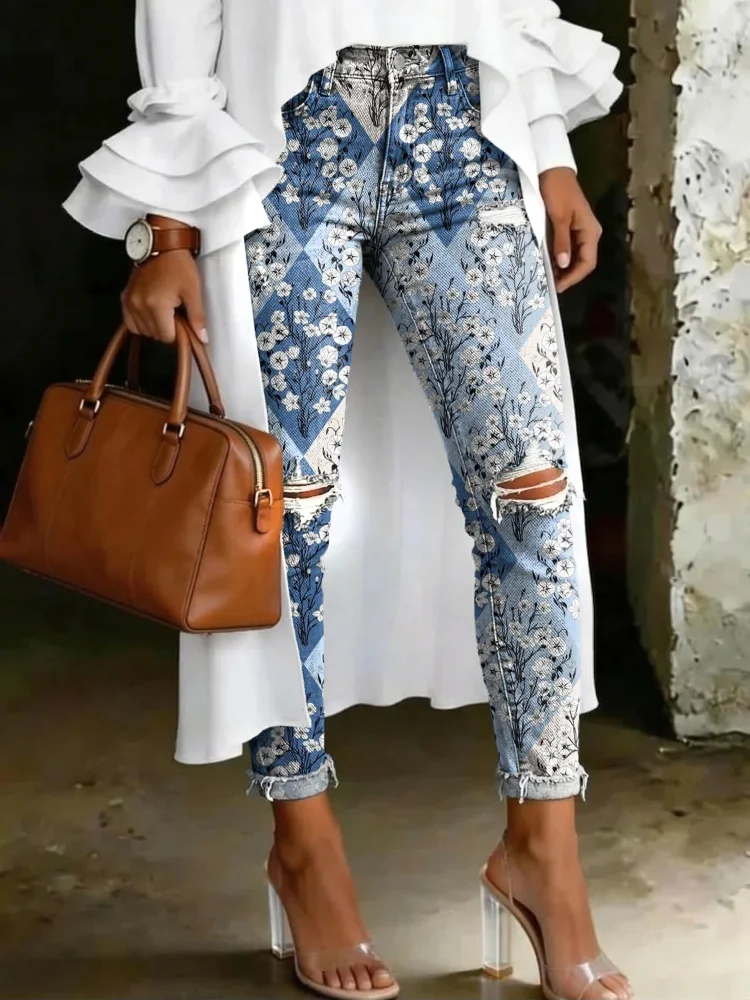 Women's Fashion Diamond-patterned Floral Artistic Print Casual High-waisted Skinny Ripped Jeans