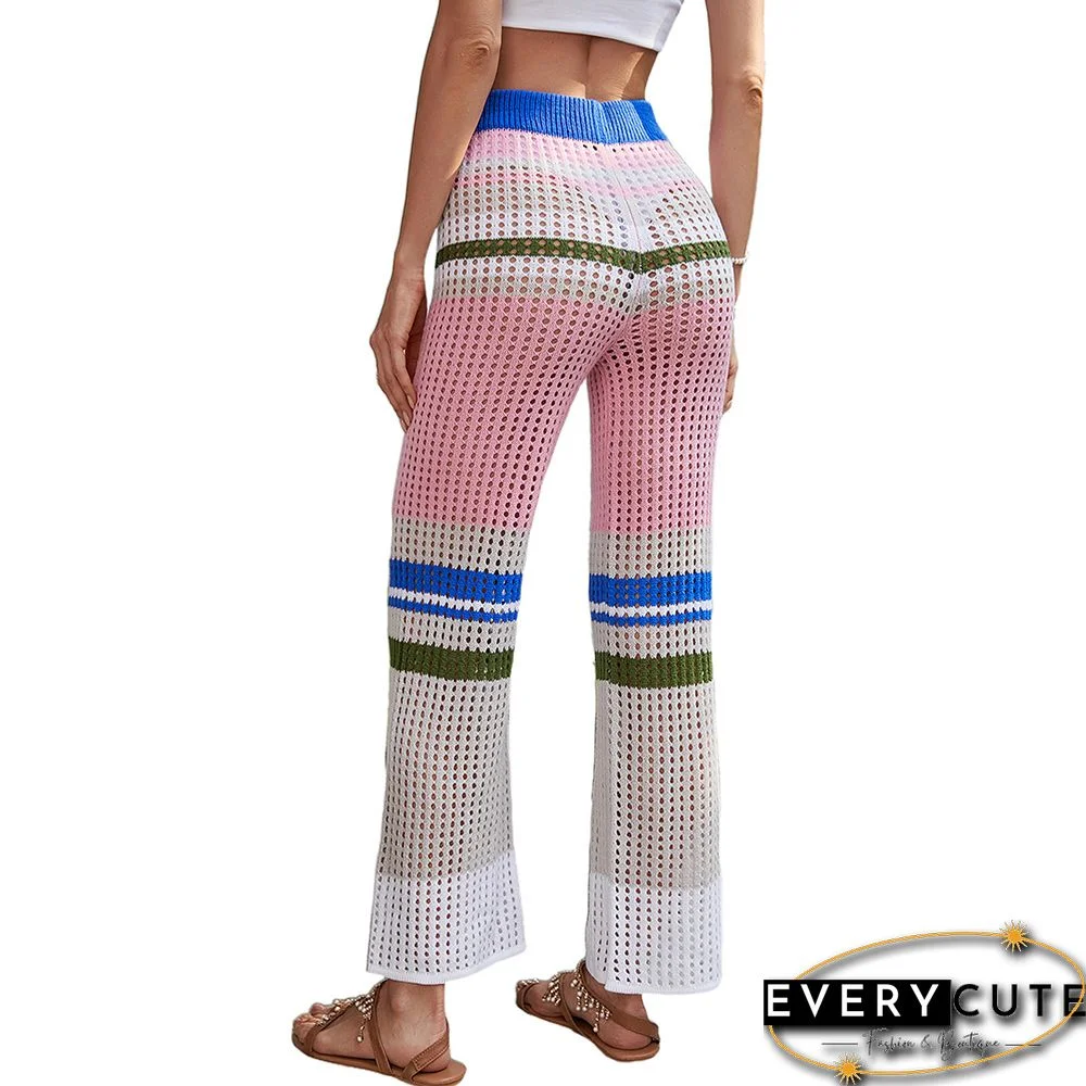 Pink Color Block Elastic Waist Knit Straight Leg Pants