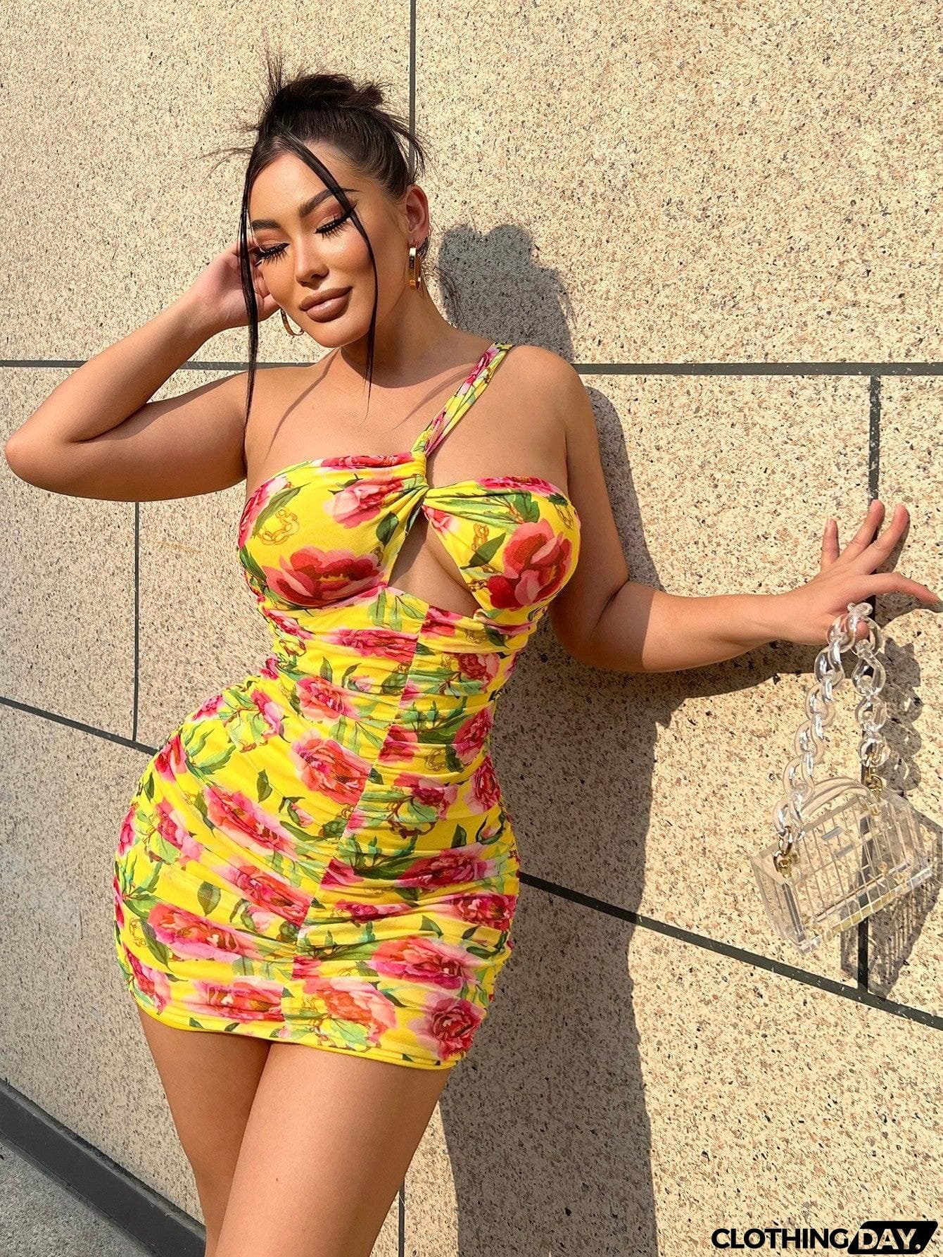 Floral Cutout Ruched One-Shoulder Mini Dress