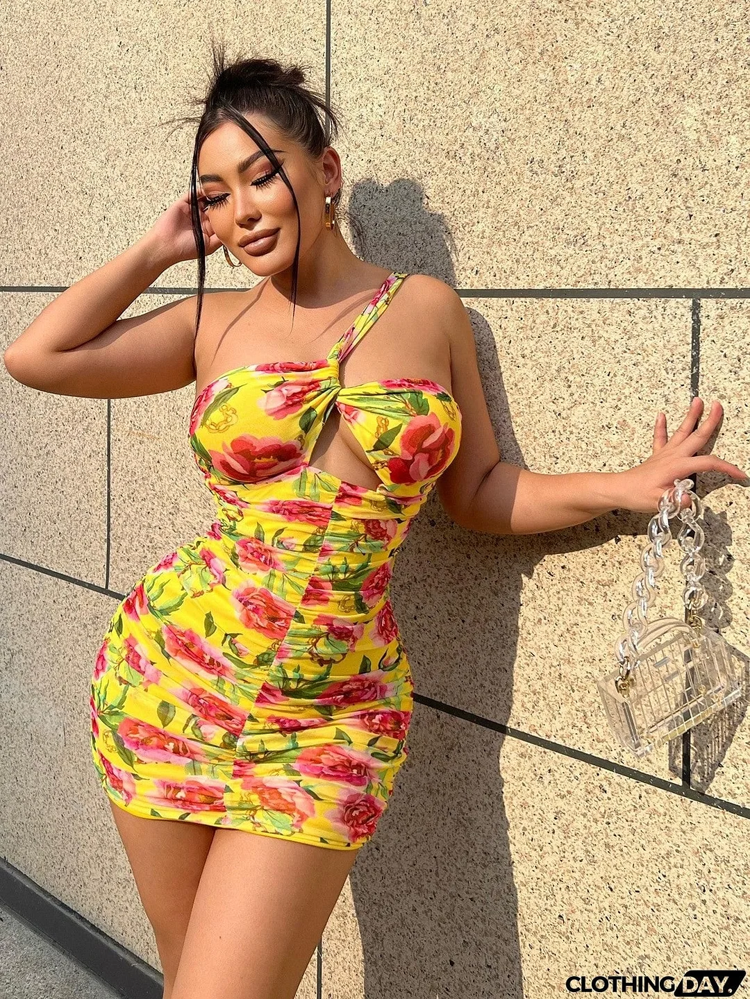 Floral Cutout Ruched One-Shoulder Mini Dress