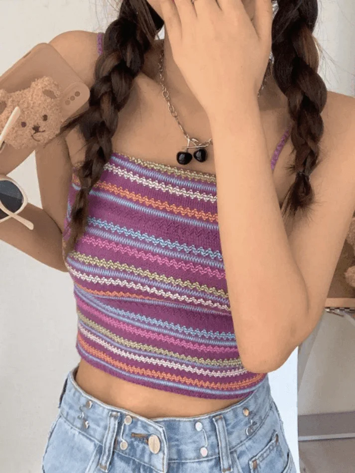 Brownm Color Block Striped Knitted Crop Cami Top