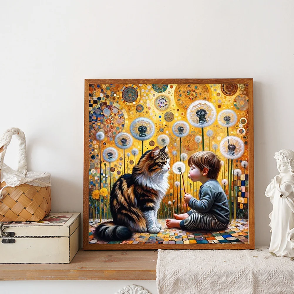Full Round Diamond Painting 30*30cm - Cat, Dandelions And Children