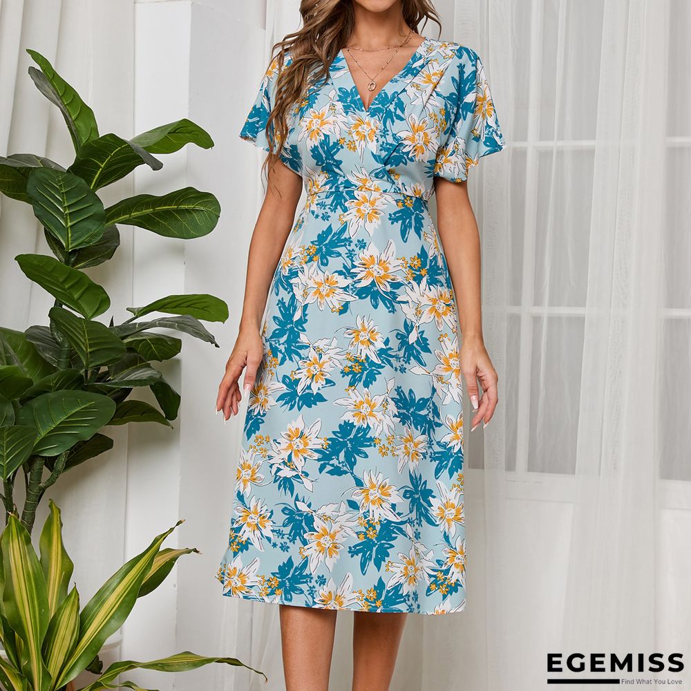 Chiffon V-neck Short Sleeve Big Swing Printed Dress | EGEMISS