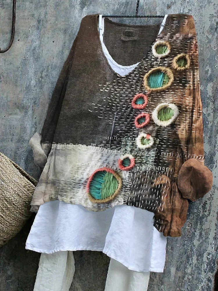 Geometric Embroidered Patchwork Textile Art Linen Blend Tunic