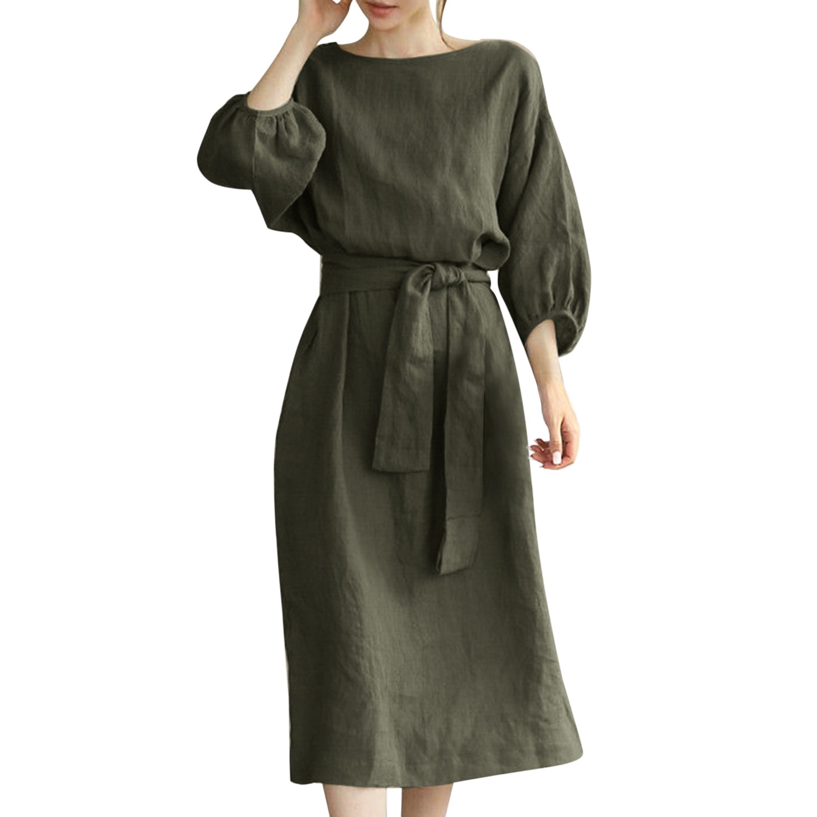 Dresses For Women Summer Plus Size Long High Waist Tied Solid Color Round Neck Dress Female Clothing Vestidos Para Mujer