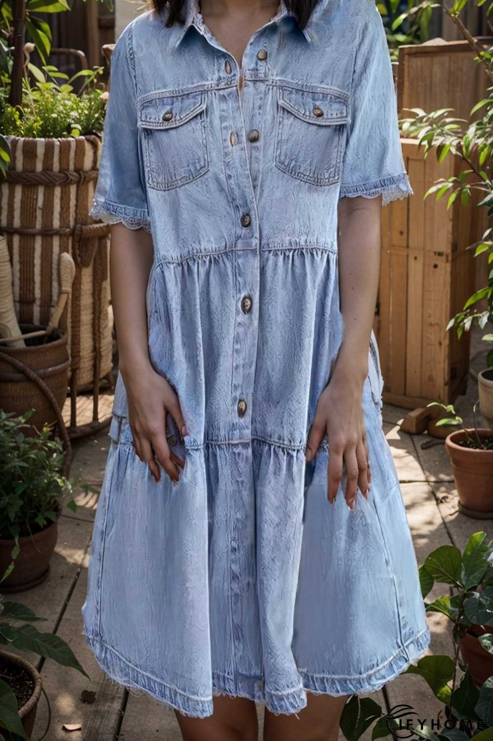 down loose short sleeve denim jean dress drop shoulder a line paneled peasant closed bateau v neck dress | IFYHOME