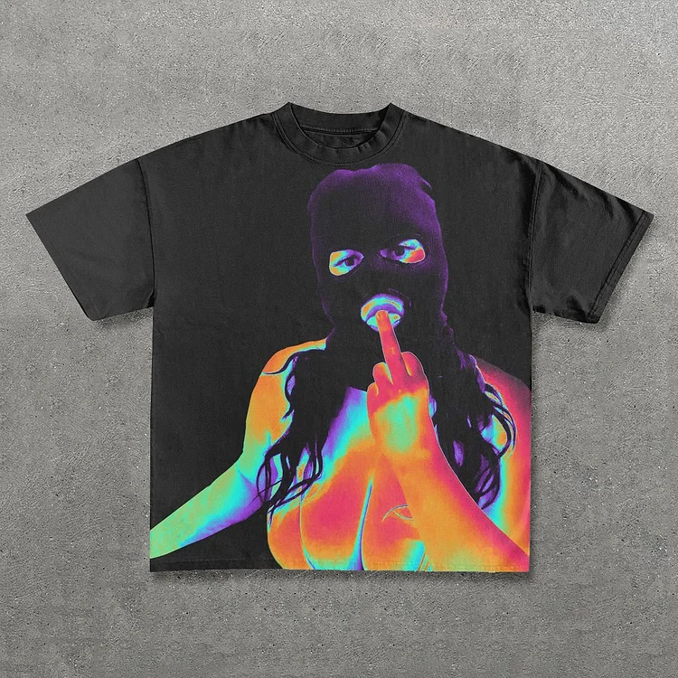 Fashion Mask Girl Print Short Sleeve T-Shirt