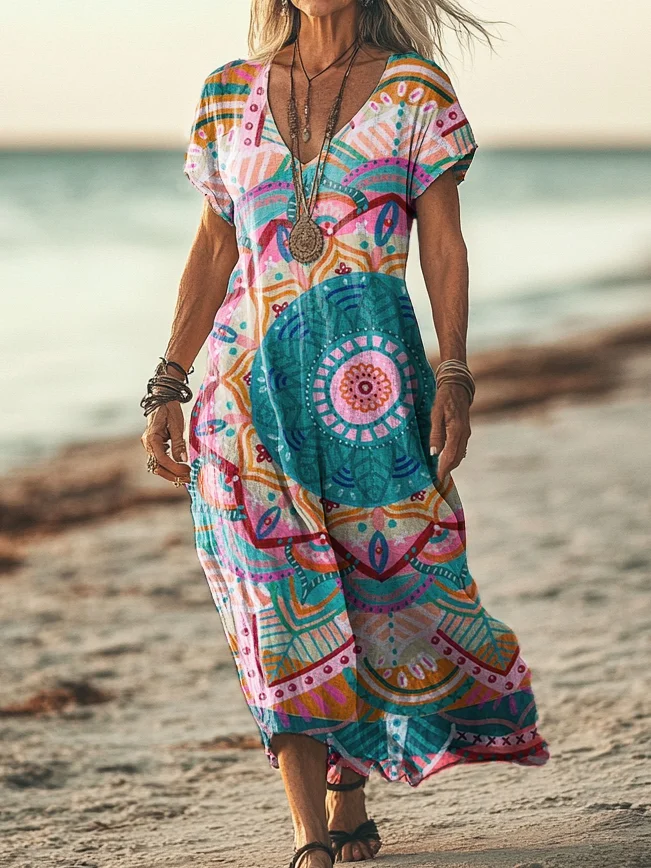 Women's Light Hand Painted Mandala Art Print Round Neck Sleeveless Pocket Linen Dress