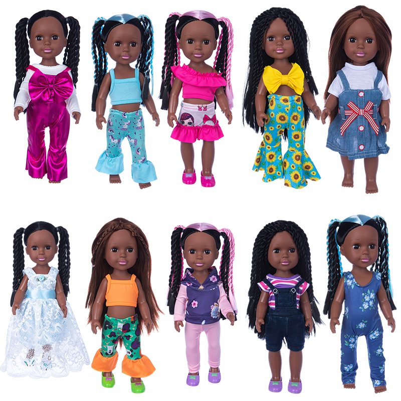 14in Soft Silicone Vinyl brown skin dolls with long hair doll has