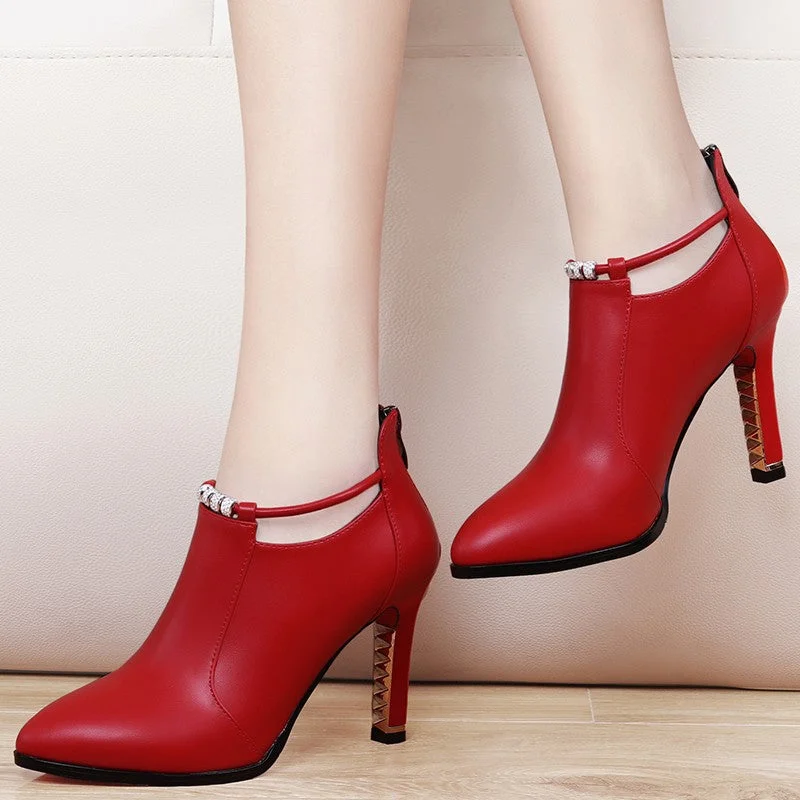 2021new Winter Boots Women Shallow Round Toe Red Women's Boots Thin Heels Zip Ankle Boots Pu Leather Zapatos De Mujer