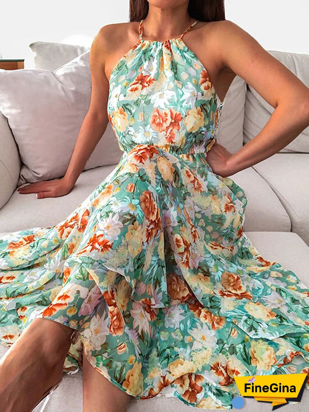 Summer Halterneck Flower Print Maxi Dress P15701