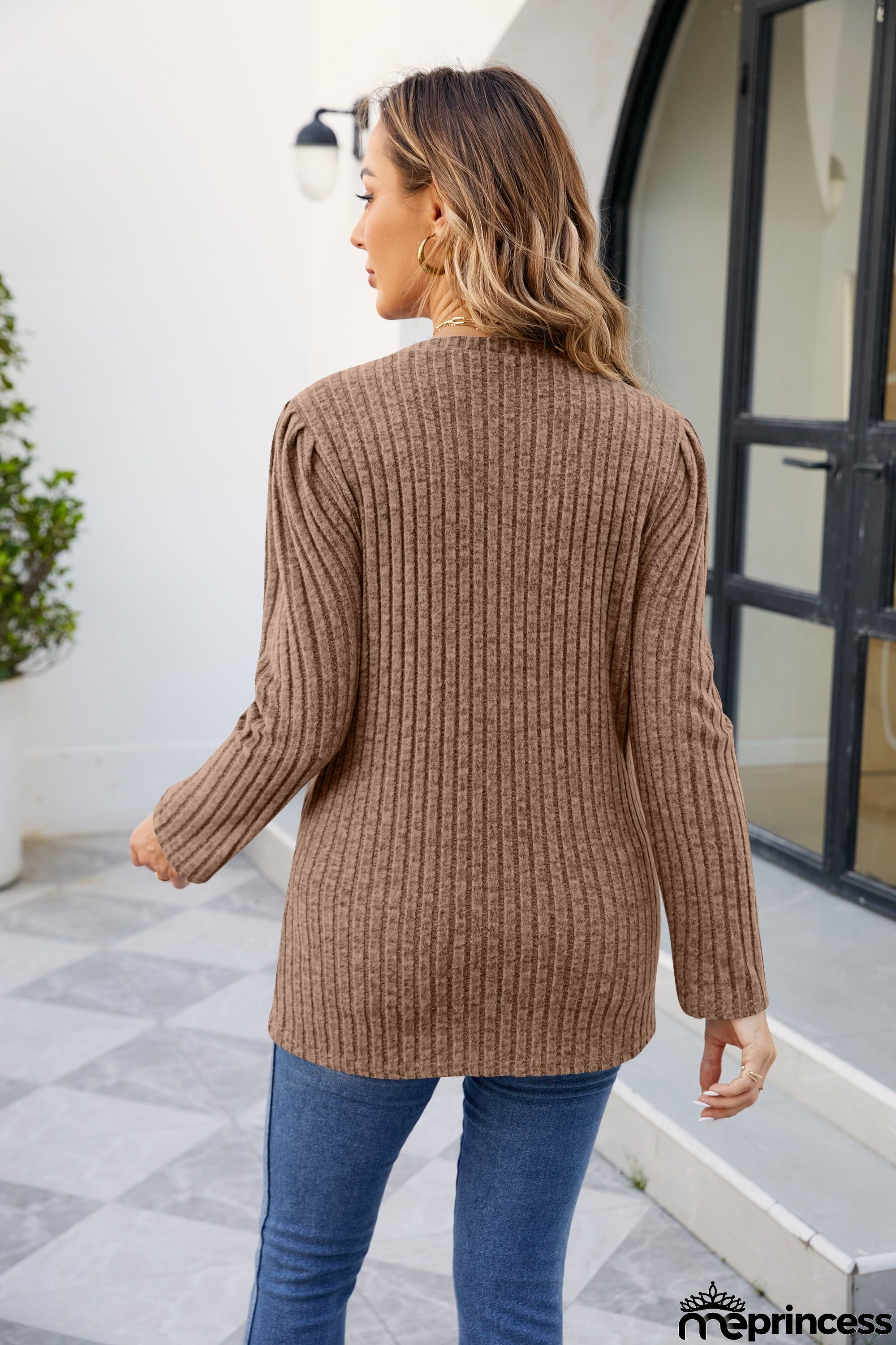 Round Neck Long Sleeve Ribbed Blouse