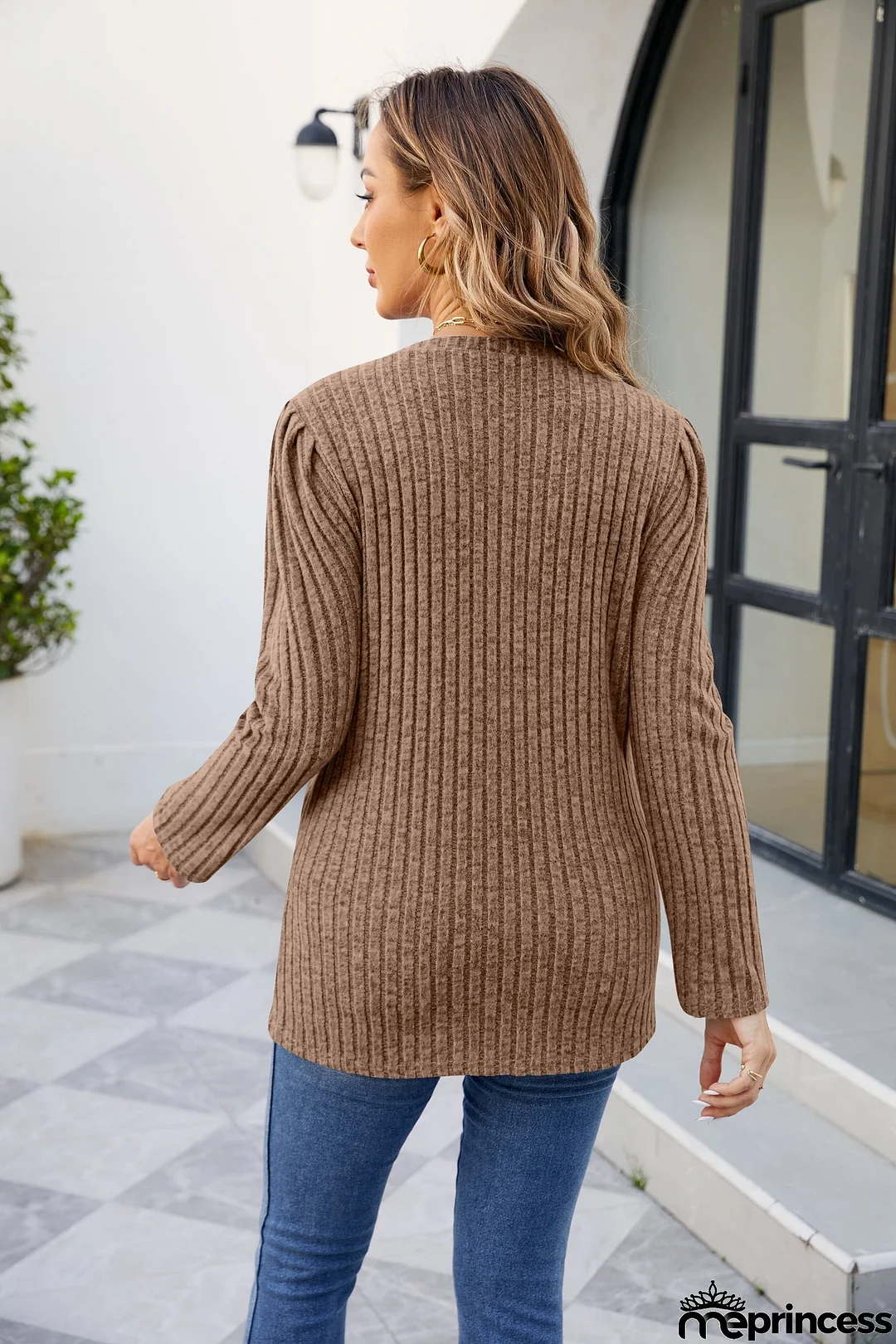 Round Neck Long Sleeve Ribbed Blouse
