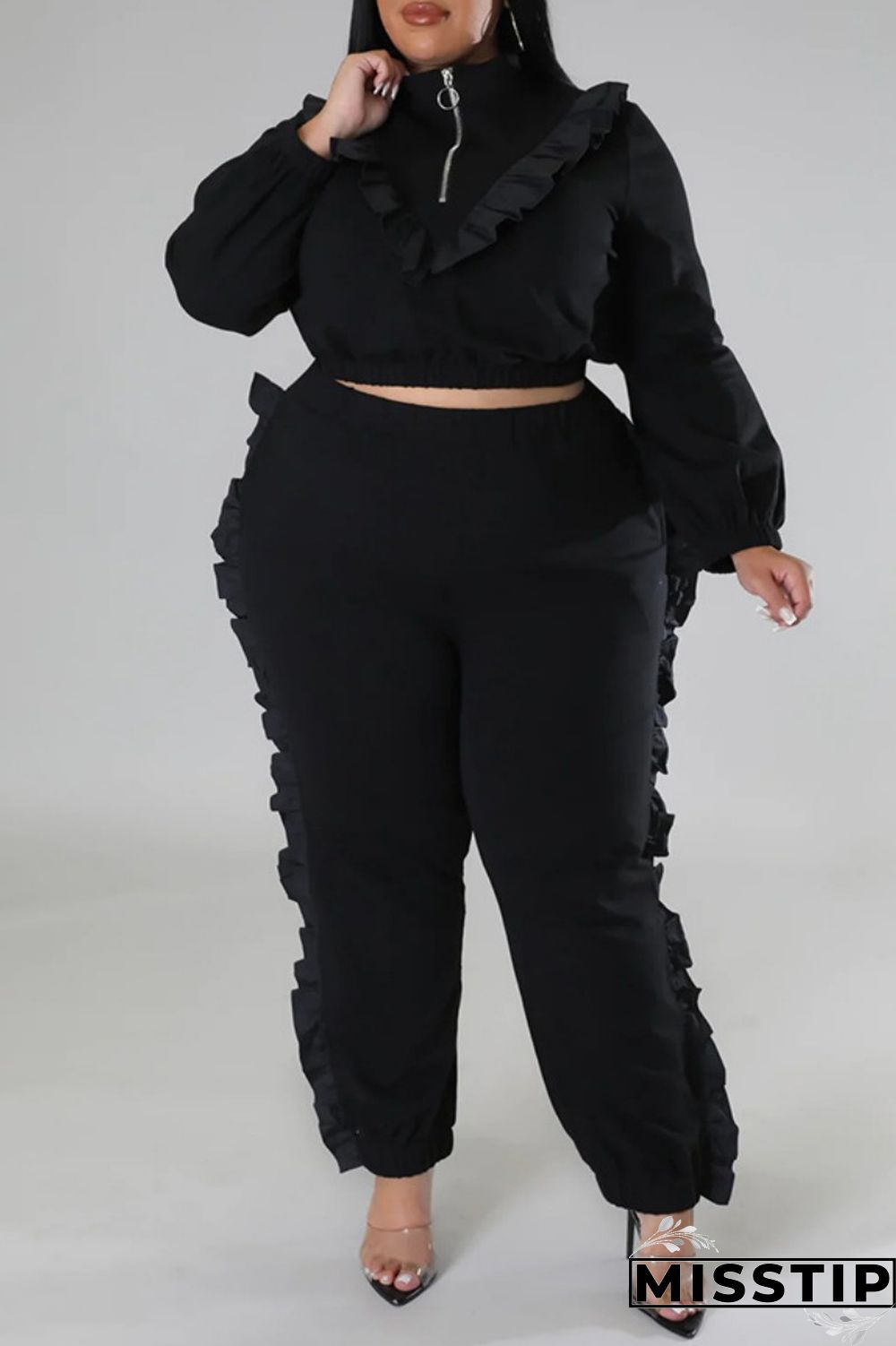 Black Casual Solid Patchwork Zipper Collar Plus Size Two Pieces