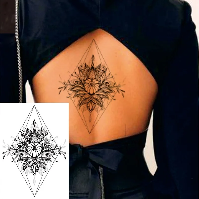 1 PIECE Black Geometric Flower Back or Chest Big Flower Waterproof Temporary Tattoo Body Art Sexy Waist Fake Tatoo