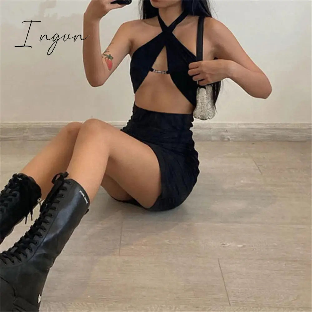 Ingvn - Woman Dress Y2K Gothic Mini Dresses Sexy Deep V Neck E Girl Streetwear Halter Black New