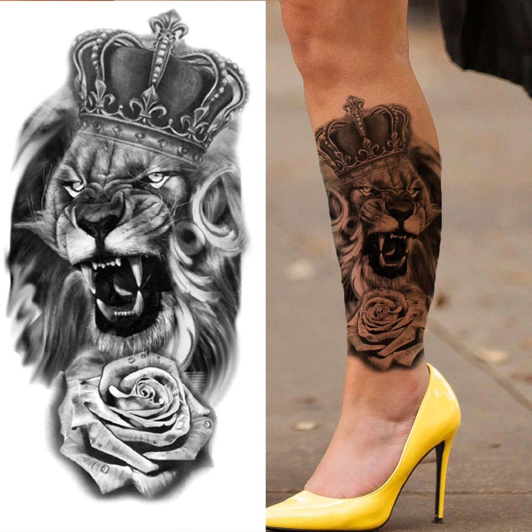 Sdrawing Compass Lion Rose Temporary Tattoo For Men Adults Realistic Fake Tiger Crown Cross Tattoo Sticker Thigh Half Sleeve Tatoo