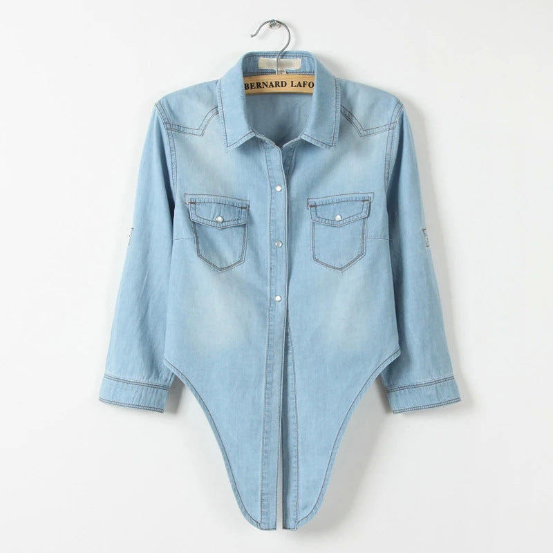 Front Tie Knot Denim shirt Crop Top Jean Blouse