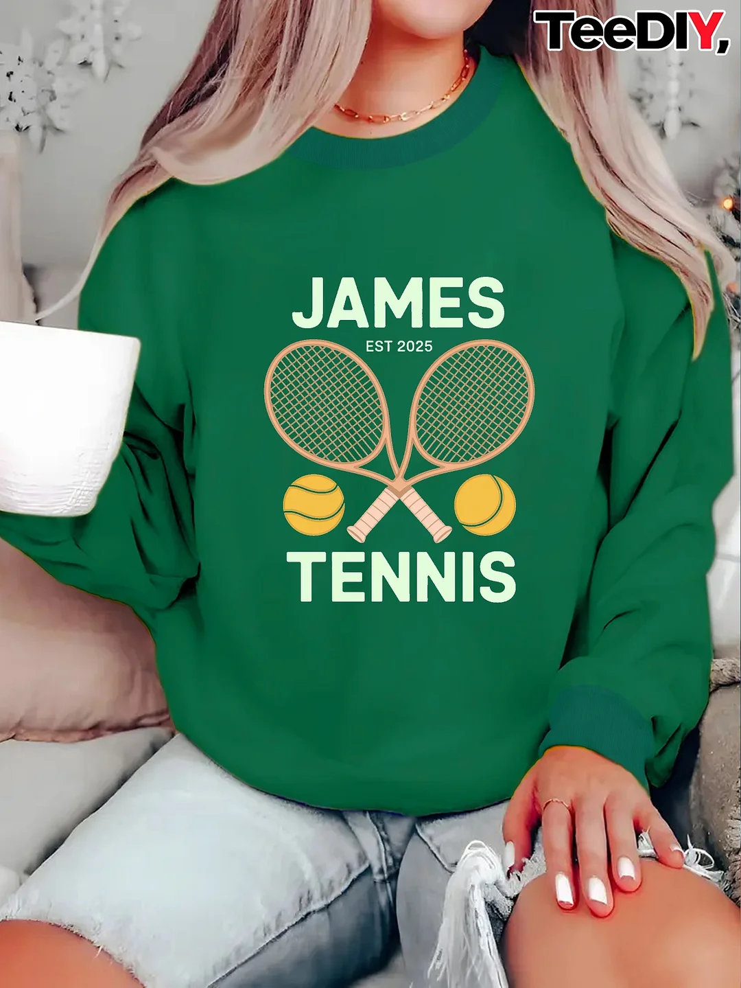 Women's Plus Size Tennis Graphic Sweatshirt - Green Sporty Pullover With James Tennis Rackets & Ball Design, Est. 2019 - Casual Athletic Top For Tennis Fans & Everyday Winter Wear, Durable Casualwear, Machine Washable Fabric