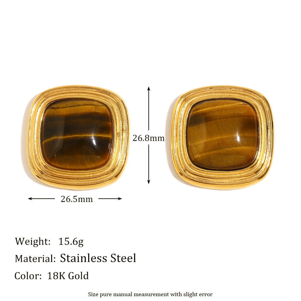 Hot Selling Second-Hand Niche Stainless Steel 18K Gold Plated Flower Pearl Pattern Square Black Jade Earrings For Women