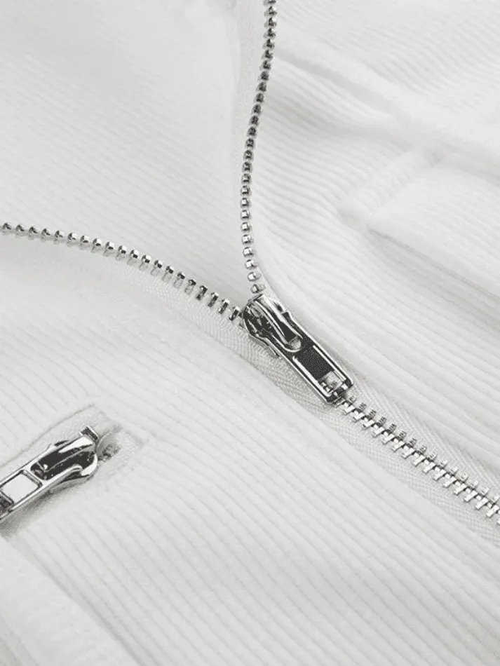 Brownm White Zip-Up Hooded Cropped Knit Top