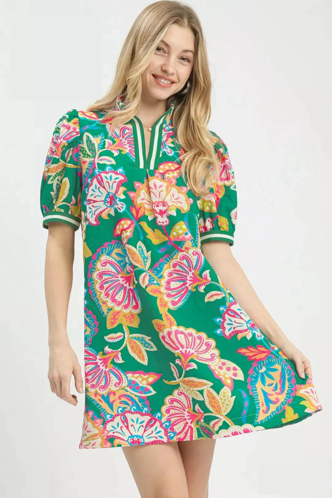 Umgee Jacquard Paisley Print Puff Sleeve Tunic Dress mysite idetrend