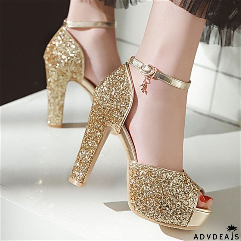 Peep Toe Sequined Fabric High Heels