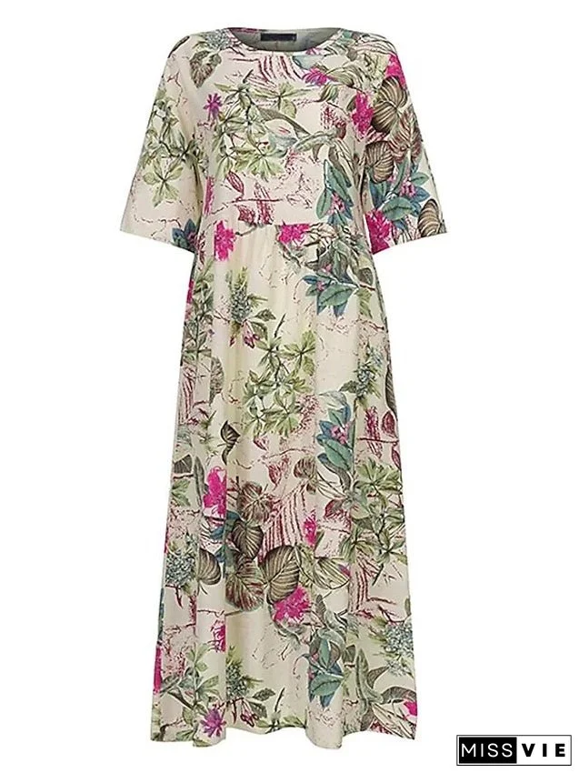 Women's Shift Dress Maxi Long Dress Red Navy Blue Yellow Half Sleeve Floral Print Spring Summer Round Neck Casual
