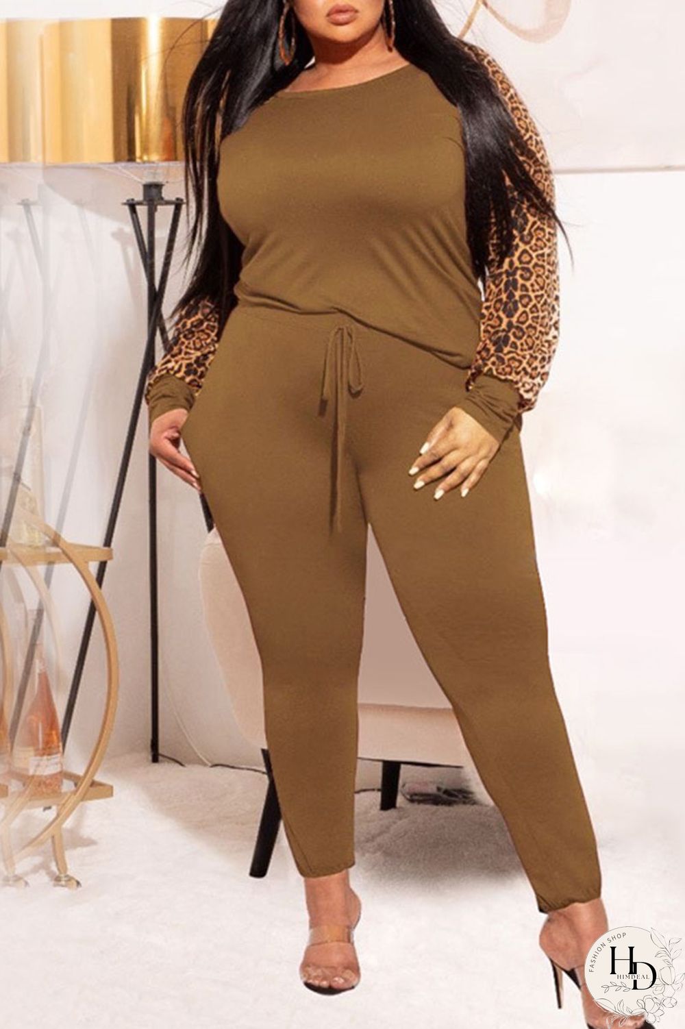 Black Casual Print Leopard Patchwork O Neck Plus Size Two Pieces