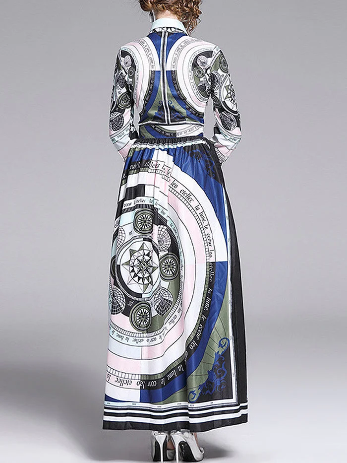 Lapel Printed Bow Big Dress