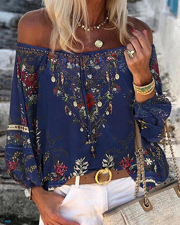 Print Off the Shoulder Long Sleeves Casual Blouses - Chicaggo