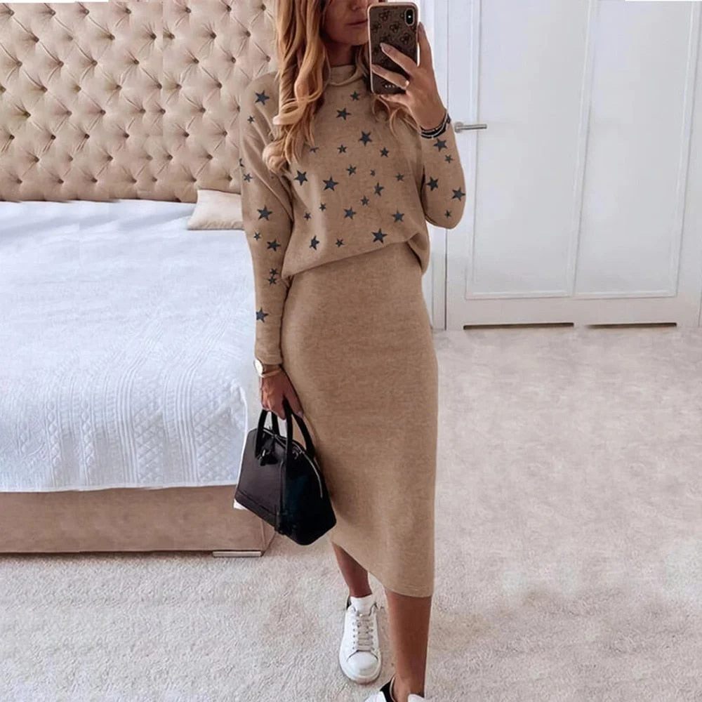 Autumn Women Skirt 2 Piece Set Casual Long Sleeve Turtleneck Slim Skirt Set Elegant Office Lady Knitted Sweater Skirt Suit