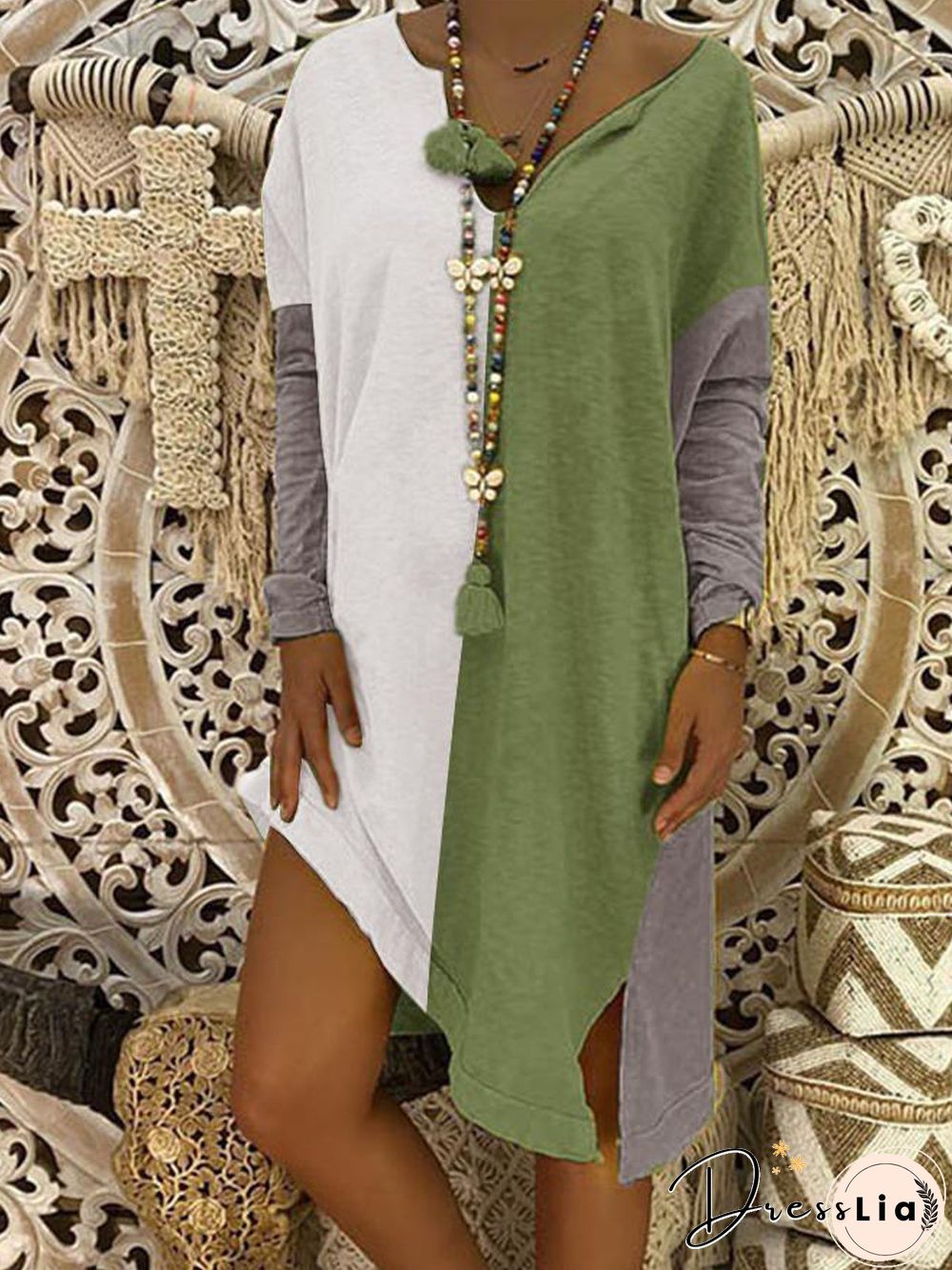 Slit Casual Shift Long Sleeve Knitting Dress