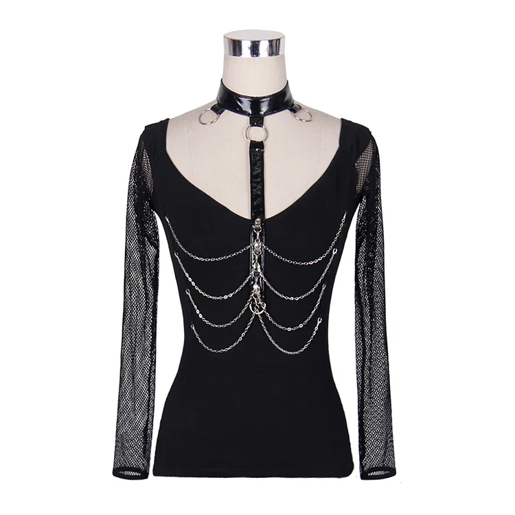 Summer Punk Big Collar Bright Leather Chocker Sexy Women T-shirt with Chain