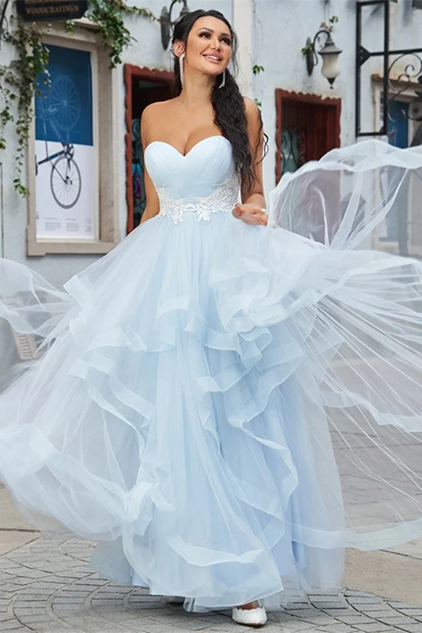 Baby Blue Tulle Prom Dress Long With Applique PD0224