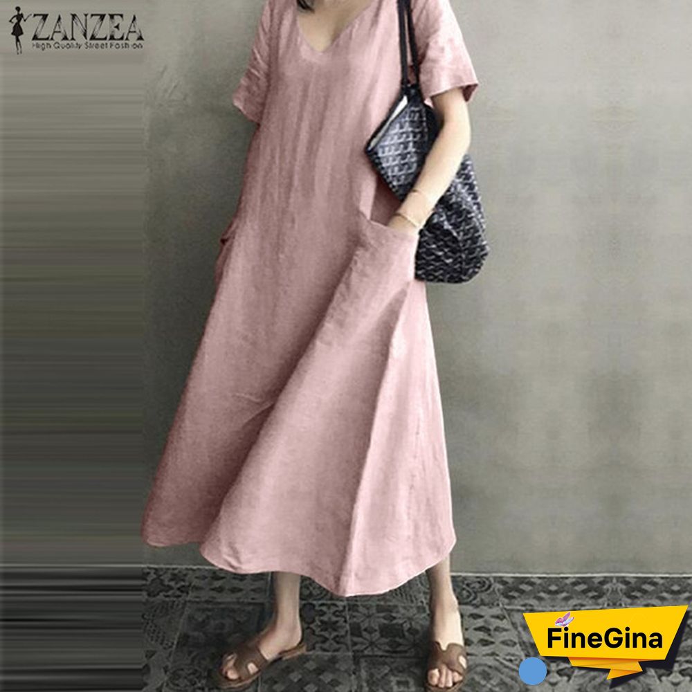 Women V Neck Short Sleeve Dress With Pockets Dress Summer Dress Loose Mid-calf Dress