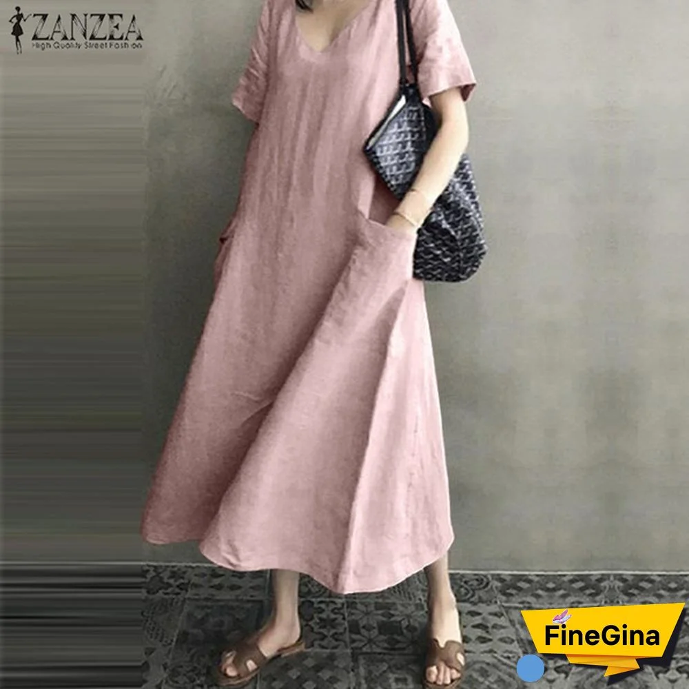 Women V Neck Short Sleeve Dress With Pockets Dress Summer Dress Loose Mid-calf Dress