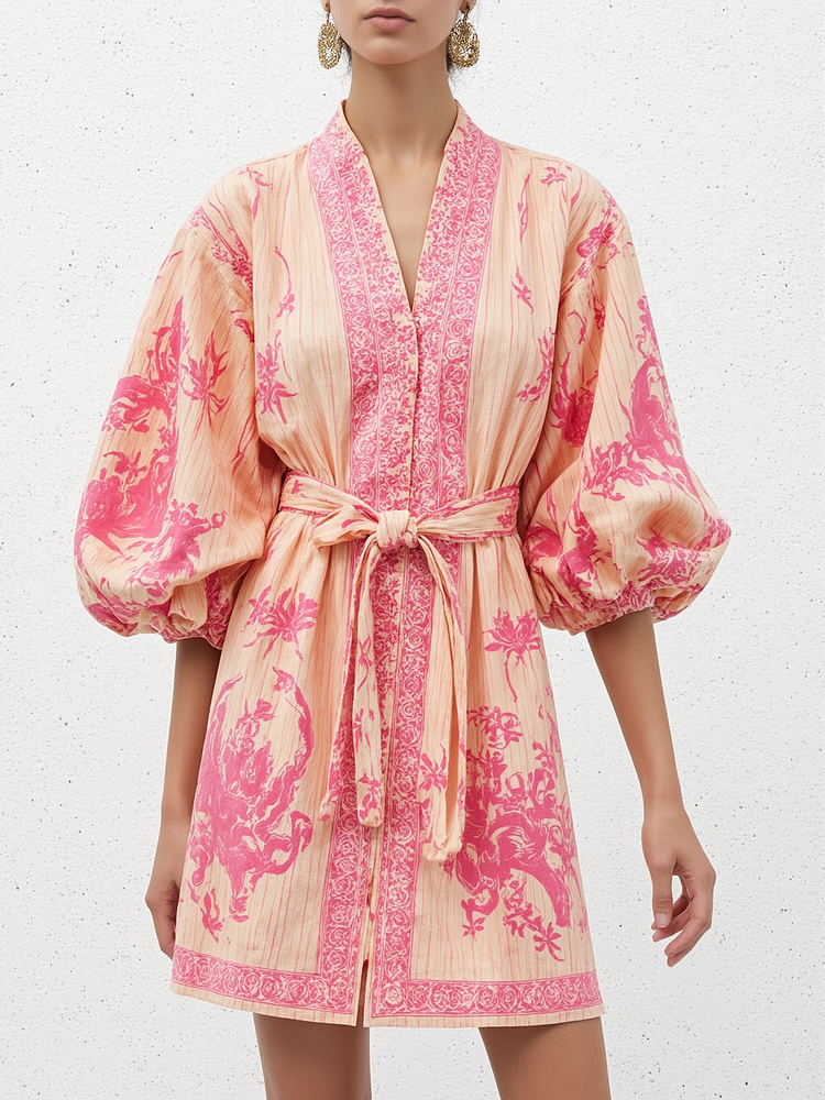 V-neck Lantern Sleeve Printed Dress