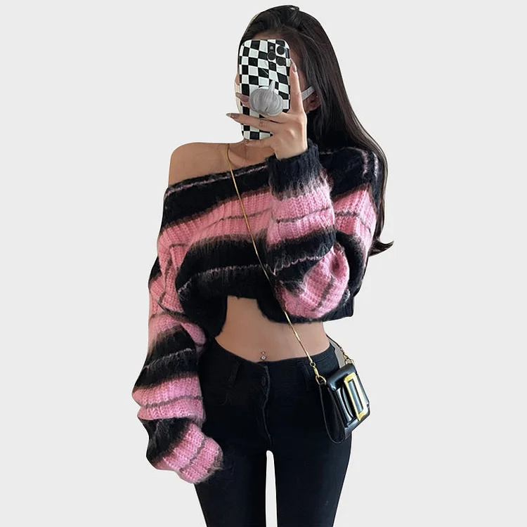 A Sweet Girl Color Contrast Strapless Sweater