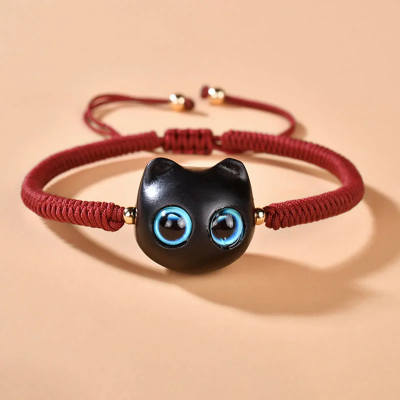 Ebony Wood Cat Head Pattern Peace King Kong Knot Braided Bracelet