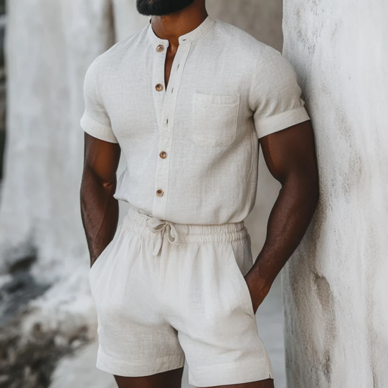 Men's Casual Linen Stand Collar Slim Fit Patch Pockets Short Sleeve Shorts Jumpsuit