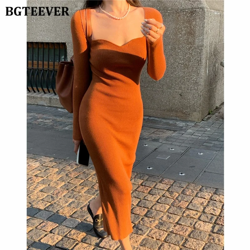 BGTEEVER Vintage Square Collar Knitted Bodycon Dress for Women Split Stretched Female Pencil Dress Vestidos 2021 Autumn Winter