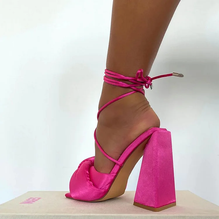 Hot Pink Satin Sandals Elegant Square Toe Chunky Heel Wrap Shoes |FSJ Shoes