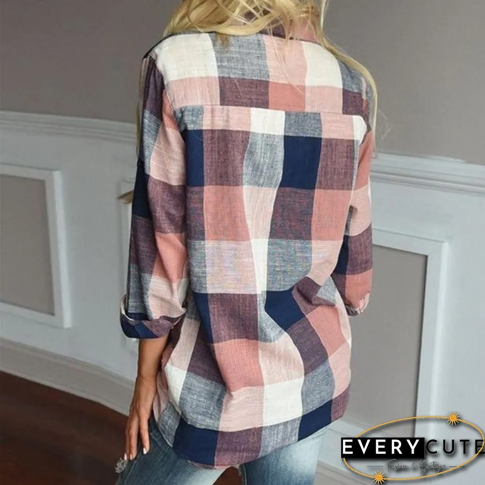 Fashion women Casual Matching Color Long Sleeve Button Loose Plaid Shirt Top Blouse