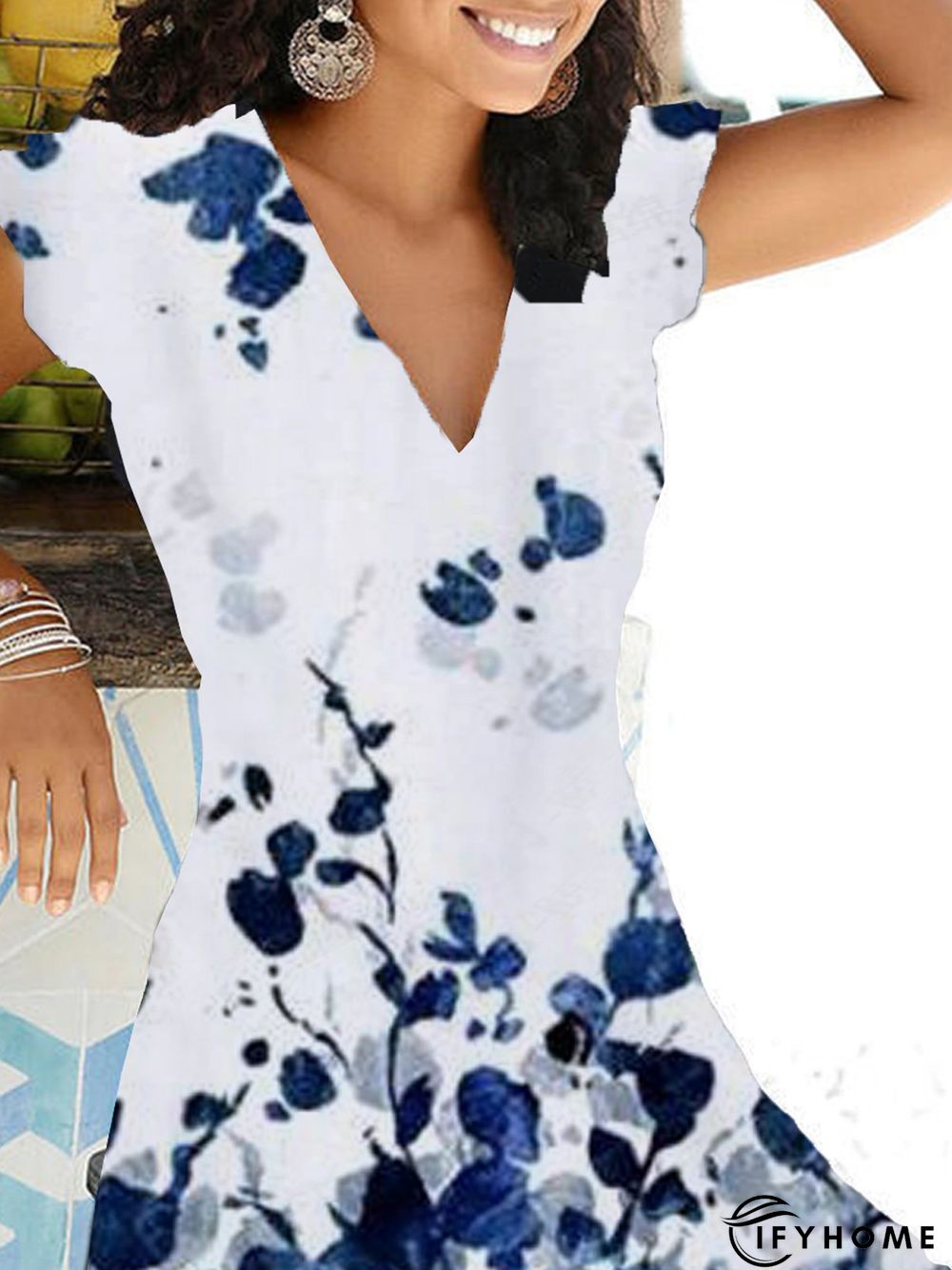 Floral Short Sleeve Printed Cotton-blend V neck Vintage Summer Blue Dress | IFYHOME