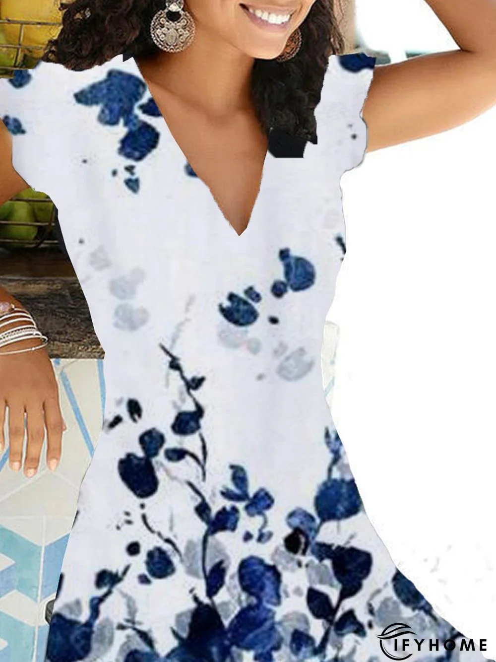 Floral Short Sleeve Printed Cotton-blend V neck Vintage Summer Blue Dress | IFYHOME