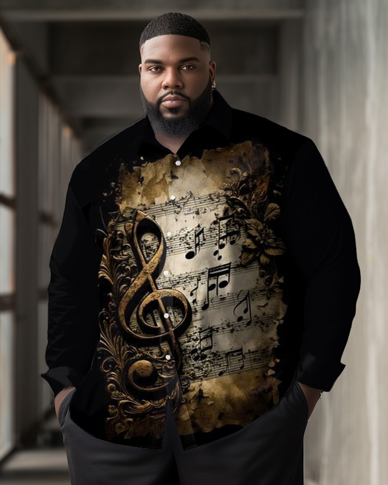 Big & Tall Men's Casual Retro Music Chapter Print Lapel Long Sleeve Shirt