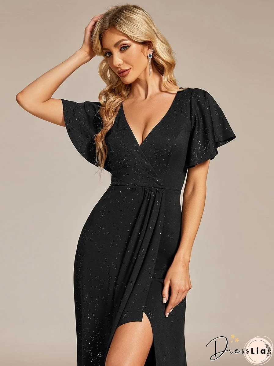 Ruffled Sleeve Tea Length Evening Dress with Side Split