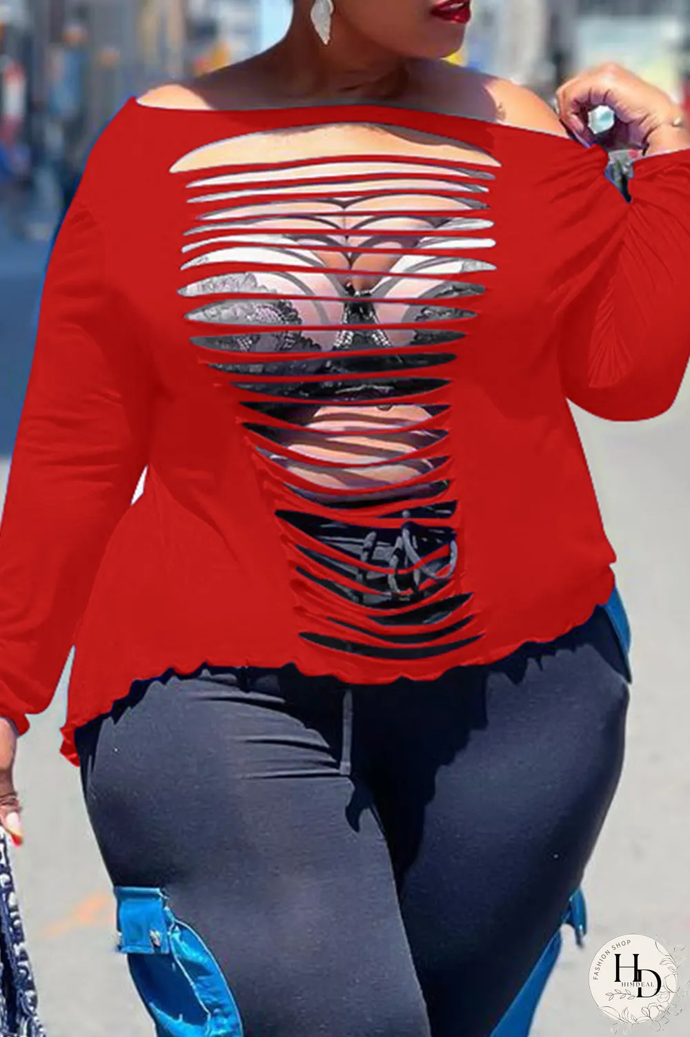 Tangerine Red Sexy Solid Ripped Off the Shoulder Plus Size Tops