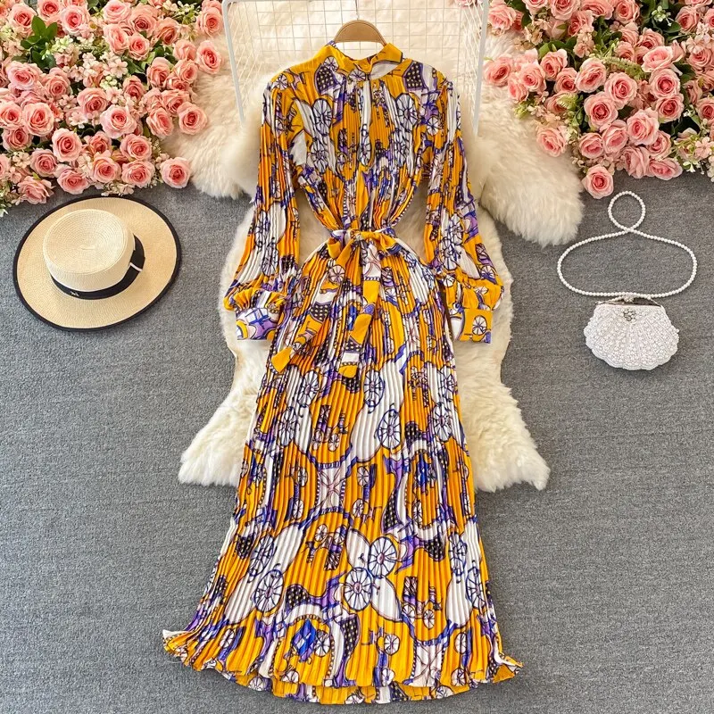 Uveng New Women French Loose Pleated Printed Long Dress Elegant Long Sleeve A-line Lady Clothes Autumn Female Maxi Dress